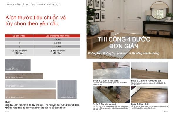 Bảng thông tin kích thước sàn đá mềm và quy cách sản phẩm